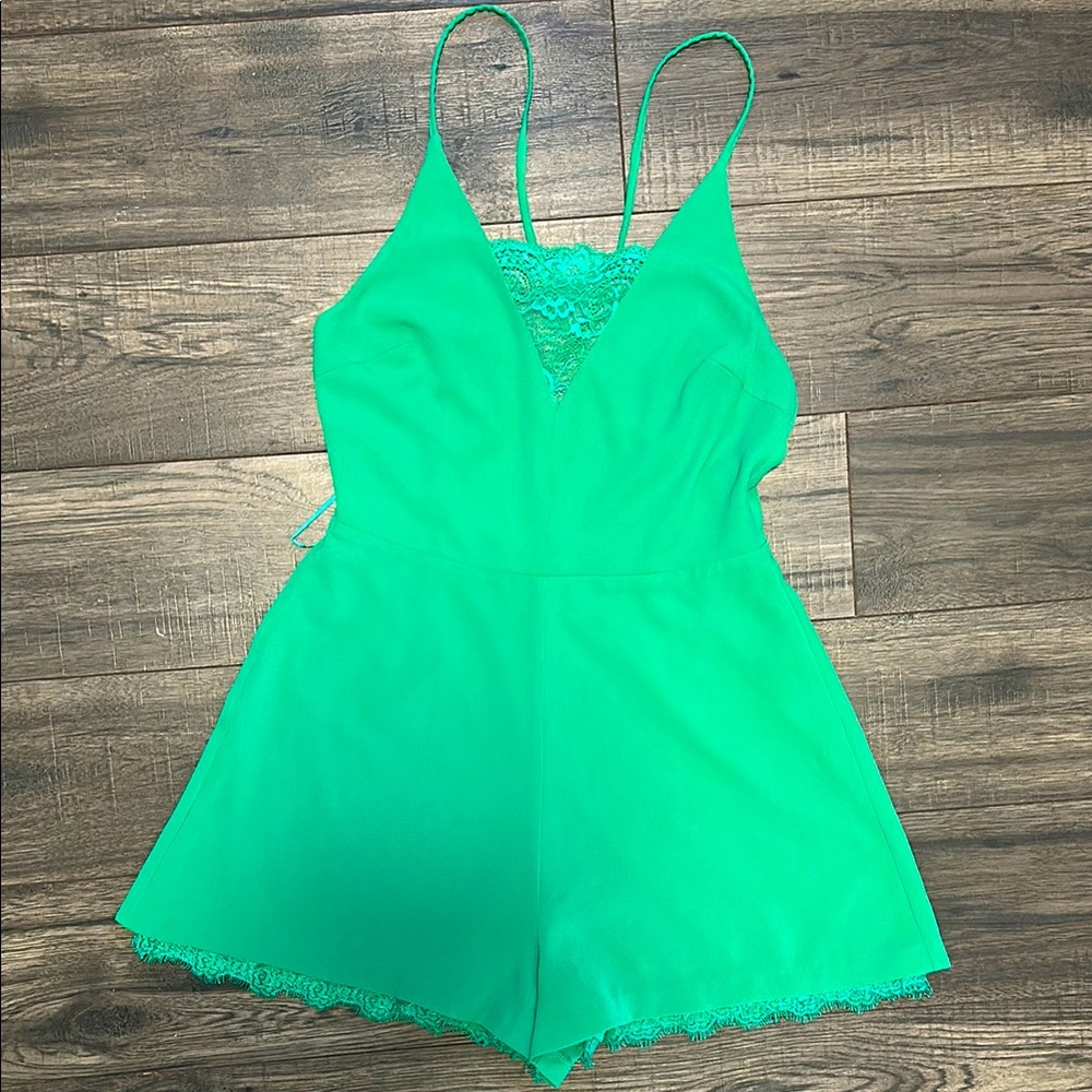 Lush - Green Lace Trim Romper with strappy back